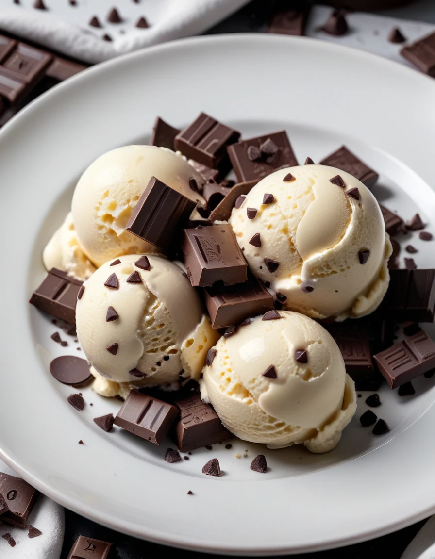 (vanilla ice cream with chocolate chips and pieces of chocolate on a white plate), closeup, macroscopic photo, hyperdetalization, hyperrealism, beautiful foreshortening, cinematic, glow, reflexes, illuminated ((dominant three colors))