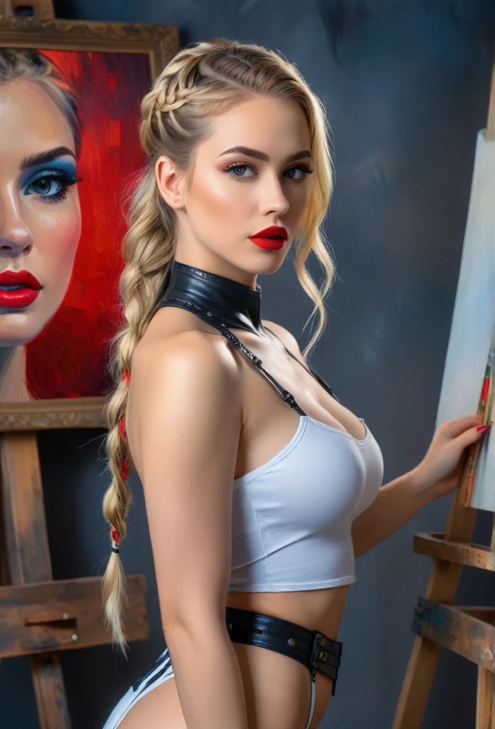 A sexy cyborg girl, standing full-length, with a beautiful face, expressive eyes, red lips, and blonde hair in a French braid. She is in an art studio, painting a self-portrait on an easel, using oil paints and paintbrushes. The natural lighting creates a vibrant, realistic rendering with detailed brushstrokes. The confident pose and fashionable outfit give the portrait a captivating, alluring atmosphere. The composition is perfect, and the technique is exquisite, showcasing the artist's masterful skills and unique style. The final image is a high-resolution, 4K masterpiece with flawless details and a harmonious color palette.