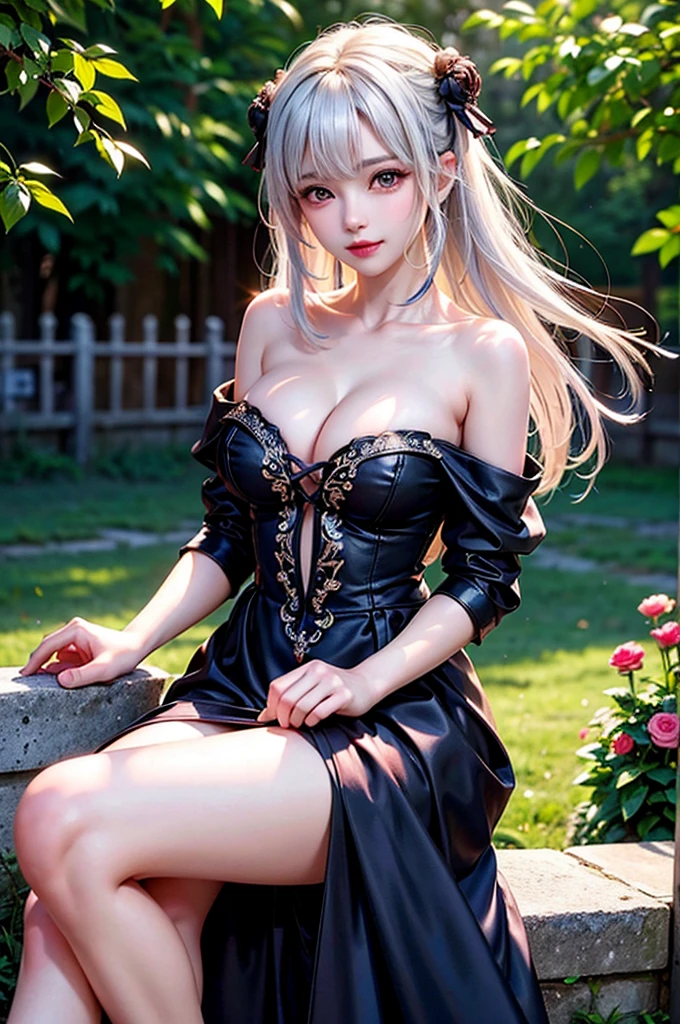 (Image above the chest)((masterpiece:1.5,Highest quality,Highly detailed images,Beautiful images、Realistic、Photorealistic、2.5D))(1girl, 独奏,)(Adult women、large breasts, white hair, beautiful eyes、Beautiful cleavage)(Off-the-shoulder dress、black dress:1.5, Deep slit)(smile, wind, floating hair、Sit down and seduce)(bright、Soft lighting、garden、squirt)
