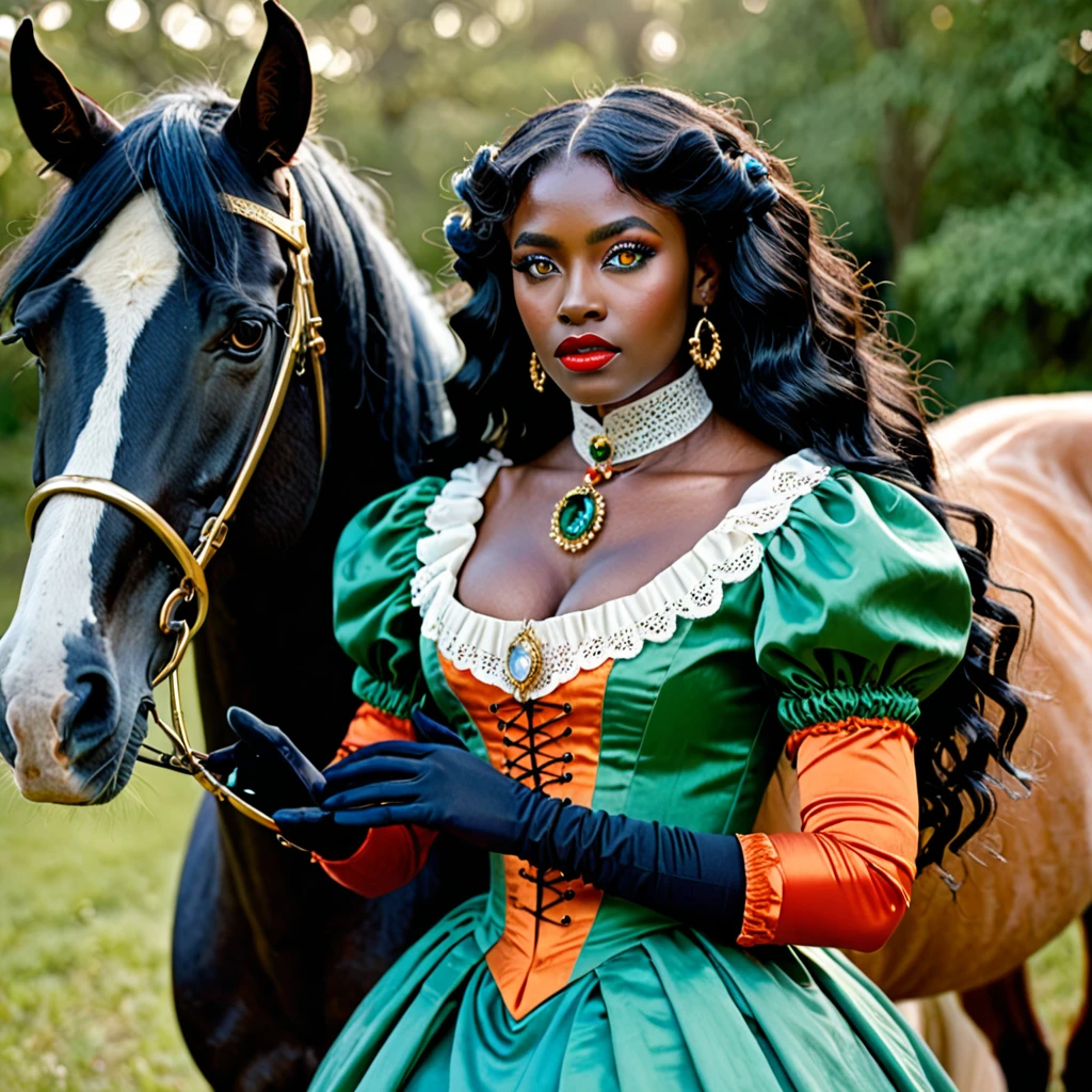 dark skin woman, with orange eyes, green and blue victorian era dress, with long wavy black hair, short black gloves on hands, a red ring on her finger, lips a little wide, golden hoops in her ears, with a white horse at his side