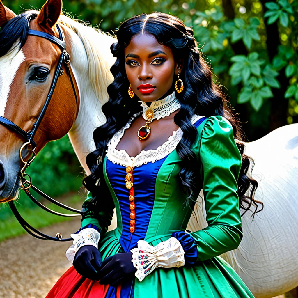 dark skin woman, with orange eyes, green and blue victorian era dress, with long wavy black hair, short black gloves on hands, a red ring on her finger, lips a little wide, golden hoops in her ears, with a white horse at his side