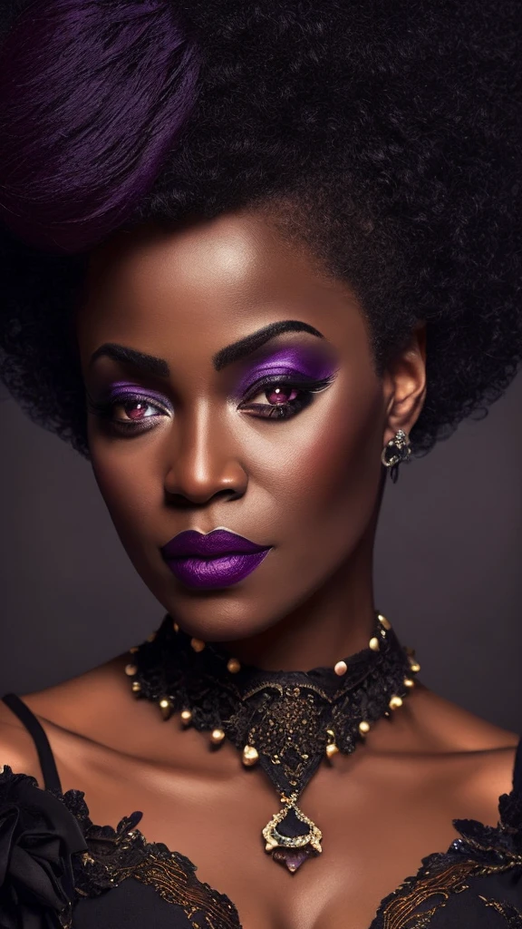 1 elegant black woman, (((Dark black skin 1.2))), Mature middle-aged woman, goth woman, vampire, goth makeup, victorian era dress, corset, corset dress, choker necklace, Dark eyeshadow,Full-body art, black skin, a dark tanned skin,Melanin pigmentation of the skin,very dark skin, violet eyes, lesvian, afro hair, short hair, renascence portrait, realist, elegant pose, dark color scheme, candlelit ilumination, vintage fashion, victorian era fashion, Victorian dress, corset, vampire fangs, fangs showing, blood, ethereal beauty, purple eyes, curly hair, afro hair, short afro hair,