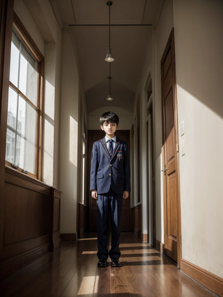 best qualityer, work of art, standing alone, ung boy, tossev1, (schoolar uniform), embarrased, gazing at viewer,