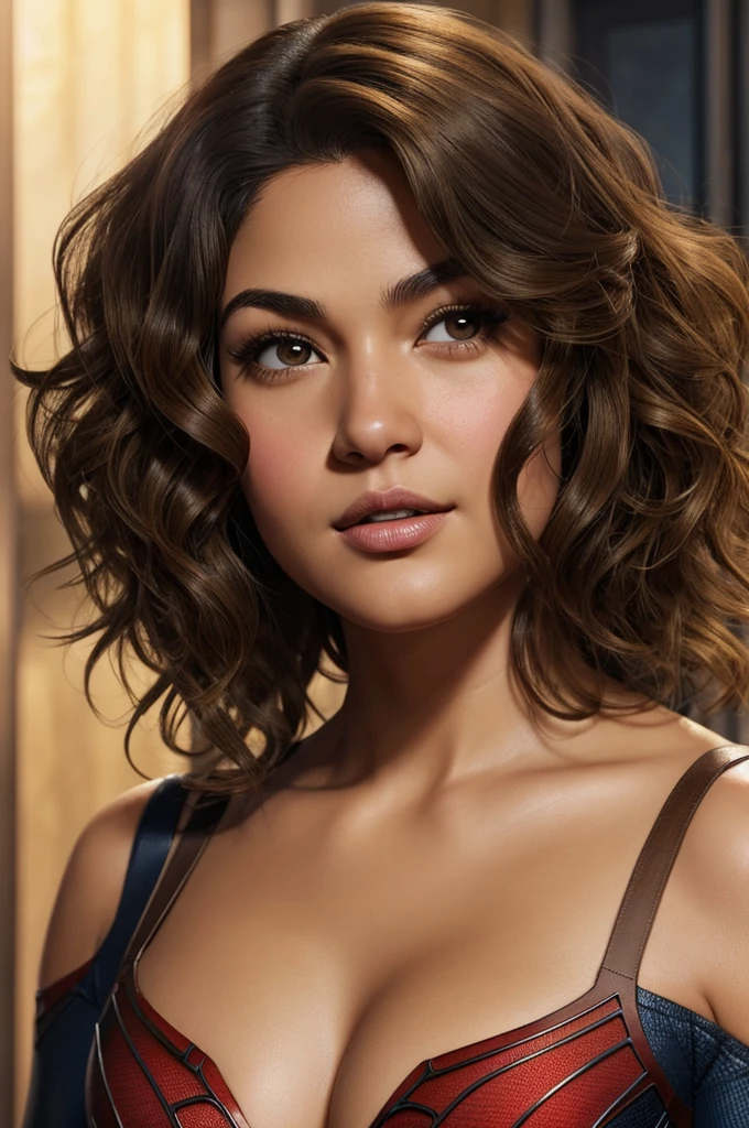 height is 4' 11", chubby and voluptuous complex, short wavy/curly dark brown hair dyed blonde at the very ends, long eyelashes and light big brown eyes, medium skin tone in Spiderman: A New Universe art-style