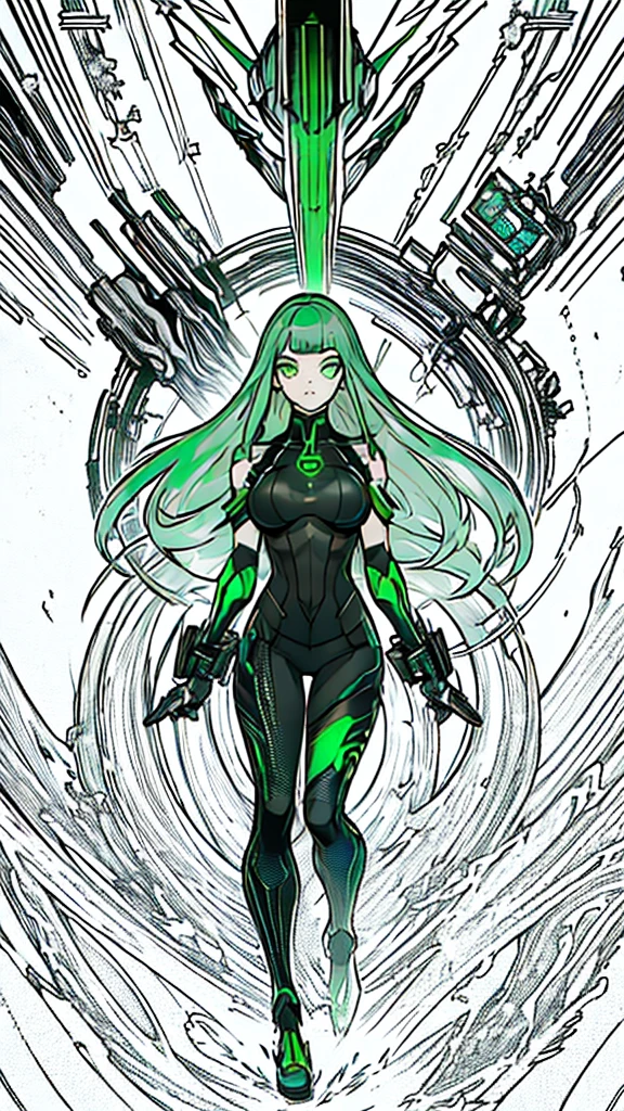 masterpiece, highest quality, (solo focus), (perfect face:1.1), (full body), (high detail:1.1), (hyper detailed eyes), dramatic, a woman with paleskin and long dark green hair, green eyes, solo, arrogant expression, neon cyberneticoutfit, white background, art by artgerm, cinematic lighting, fashion, BalenciagaStyle