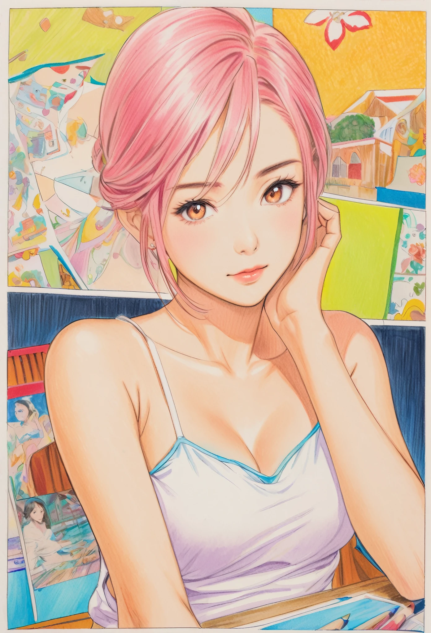 female,short camisole,white,Art,ad,colour pencil drawing,draft drawing ,comic collage,illustration