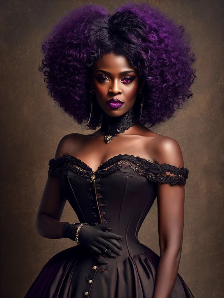 1 elegant black woman, (((Dark black skin 1.2))), Mature middle-aged woman， goth woman, vampire, goth makeup, victorian era dress, corset, corset dress, choker necklace, Dark eyeshadow，Full-body art, black skin, a dark tanned skin，Melanin pigmentation of the skin，very dark skin, violet eyes, lesvian, afro hair, short hair, renascence portrait, realist, elegant pose, dark color scheme, candlelit ilumination, vintage fashion, victorian era fashion, Victorian dress, corset, vampire fangs, fangs showing, blood, ethereal beauty, purple eyes, curly hair, afro hair, short afro hair,