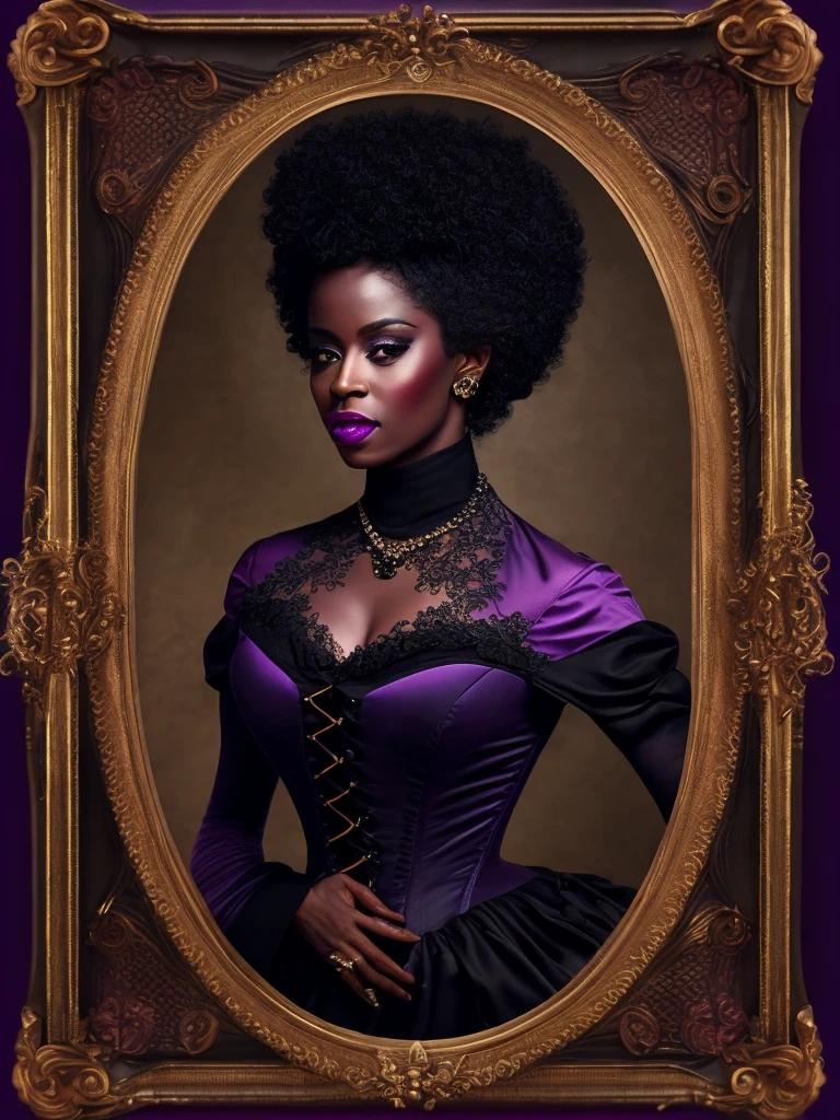 1 elegant black woman, (((Dark black skin 1.2))), Mature middle-aged woman, goth woman, vampire, goth makeup, victorian era dress, corset, corset dress, choker necklace, Dark eyeshadow,Full-body art, black skin, a dark tanned skin,Melanin pigmentation of the skin,very dark skin, violet eyes, lesvian, afro hair, short hair, renascence portrait, realist, elegant pose, dark color scheme, candlelit ilumination, vintage fashion, victorian era fashion, Victorian dress, corset, vampire fangs, fangs showing, blood, ethereal beauty, purple eyes, curly hair, afro hair, short afro hair,