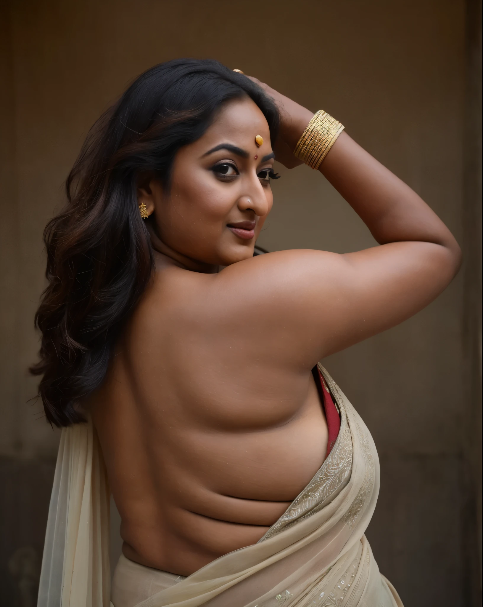 Foto RAW, photorealistic, photography, full body shot, 50 years old Woman, master shot, perfect eyes, goddess like beauty, pierced eyes, perfect thick chubby mallu Desi aunty bhabhi, Wearing a Stanapatta, a chest-band.Saree model, model Photography, Indian saree shoot, Indian traditional wear advertising photography, traditional wear brand shoot, face of Indian actress Sonakshi Sinha, masterpiece, realistic, realism, incredible details, pleasure, photorealism, detailed skin, skin pores, high contrast, photorealistic Artstation 8k HD digital art trend of high definition and detailed realistic skin texture, ultra detail, realistic skin texture, armature, best quality, ultra high definition, (photorealistic:1.4),, high resolution, detail, raw photo, sweat, Re sharp, by Lee Jefferies Nikon D850 Film Stock Photo 4 Kodak Portra 400 Camera F1.6 Lens Rich Color Ultra Real Realistic Realistic Textures Dramatic Lighting Unreal Engine Trending at Art Station Cinestill 800,(pele altamente detalhada: 1.2), 8k UHD, DSLR, soft-lighting, alta qualidade, grain of film, Fujifilm XT3,she didn't like to wear blouse or bra, she is happy to wear only saree, she hates blouse or bra, detailed hairy armpits, hyper realistic skin, skin pores, sweat, veins,