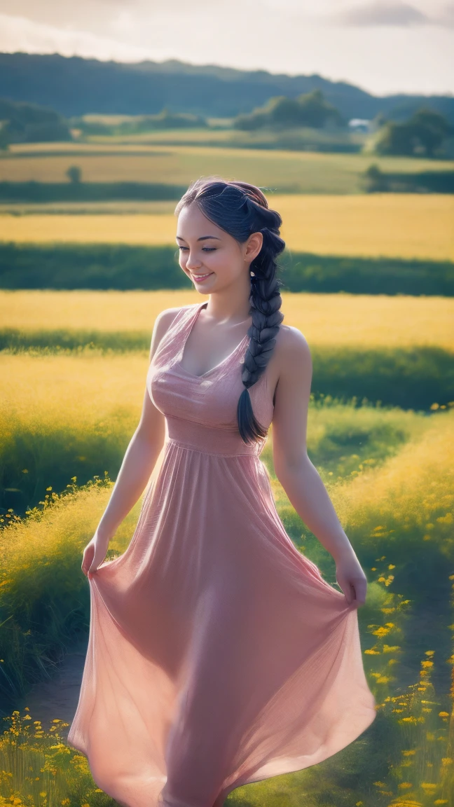 A photo of a TOK person, 1girl, 20 years old, tall and attractive, wearing a cute country dress, hair braided, standing in a rustic farm setting. She has a soft, gentle smile and expressive eyes. In the background are charming barns, golden wheat fields and clear blue skies. The composition should be bathed in warm golden hour light, with soft depth of field and soft bokeh to accentuate the idyllic tranquility. Capture images as if they were shot on vintage 35mm film for added oomph, filmg,