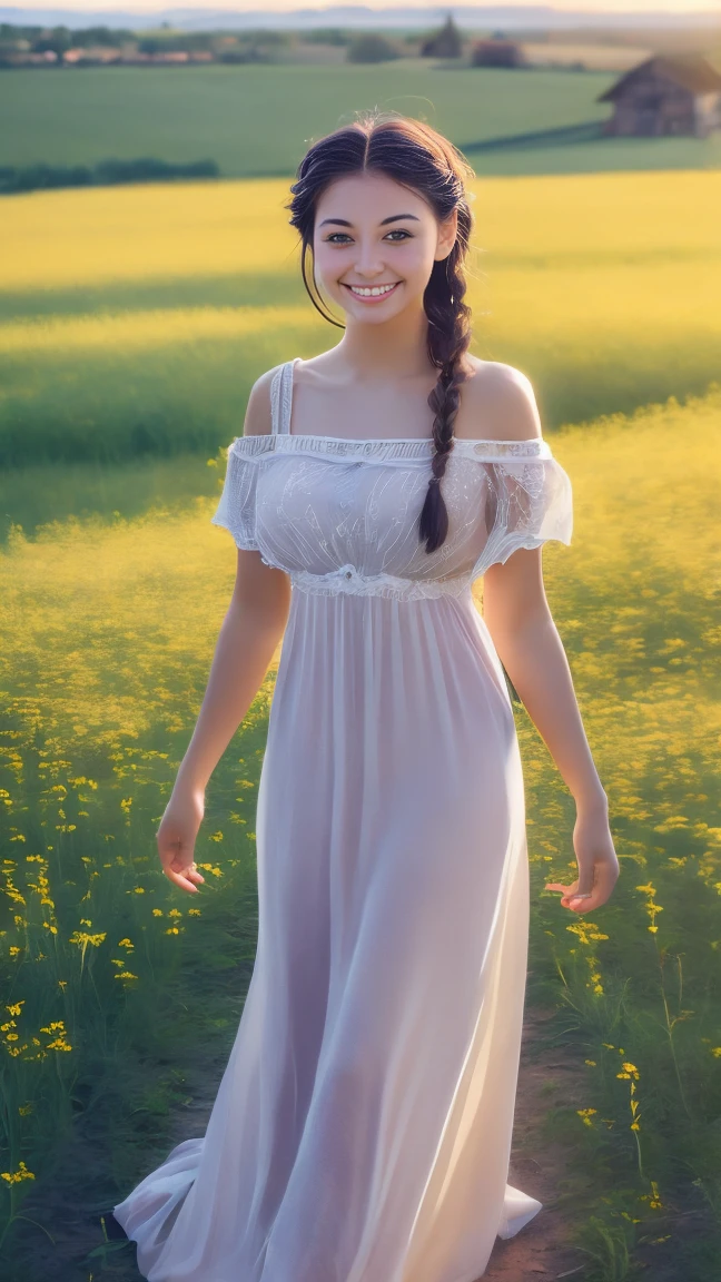 A photo of a TOK person, 1girl, 20 years old, tall and attractive, wearing a cute country dress, hair braided, standing in a rustic farm setting. She has a soft, gentle smile and expressive eyes. In the background are charming barns, golden wheat fields and clear blue skies. The composition should be bathed in warm golden hour light, with soft depth of field and soft bokeh to accentuate the idyllic tranquility. Capture images as if they were shot on vintage 35mm film for added oomph, filmg,