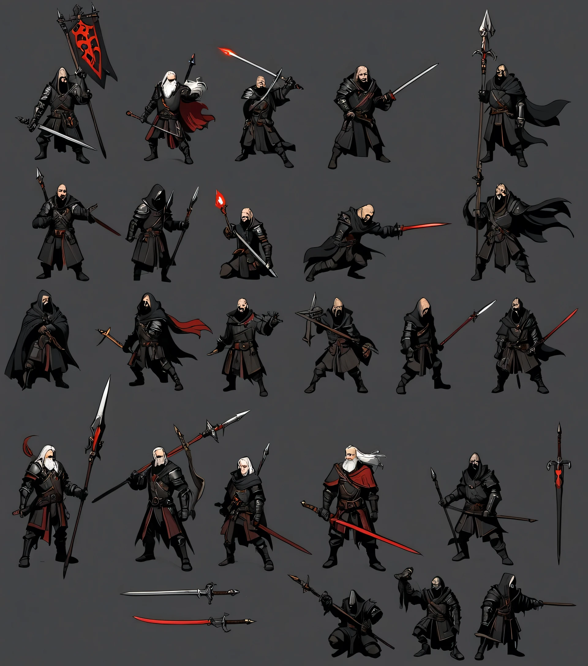 50 years old man, with black cloak and armor on one shoulder, with white hair and beard, using a red sword and spear, Darkest Dungeon art style, qualidade hd, hyper detailled, 4k resolution