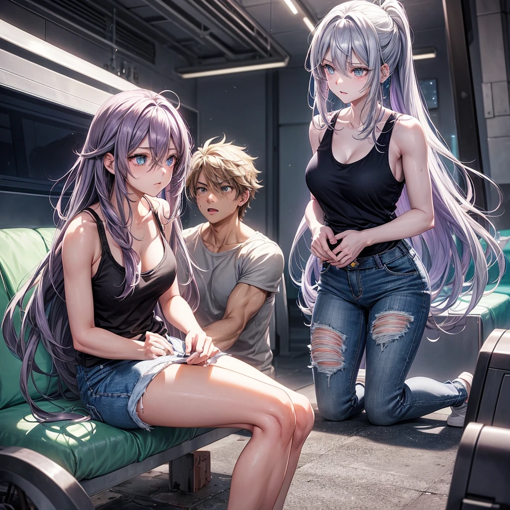 create a full body shoujo anime panel image of a woman, long flat gray hair with purple highlights, intense turquoise eyes, with a black tank top and short jeans with only her arms and knees all bruised and bruised, expression of pain