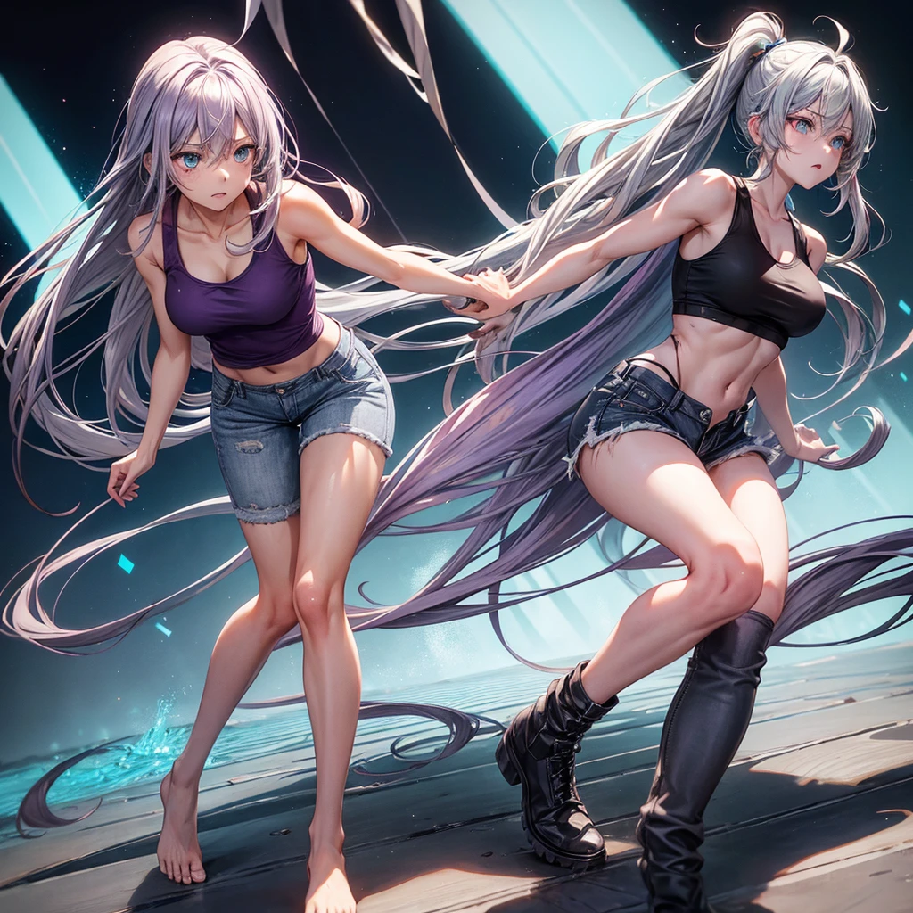 create a full body shoujo anime panel image of a woman, long flat gray hair with purple highlights, intense turquoise eyes, with a black tank top and short jeans with only her arms and knees all bruised and bruised, expression of pain