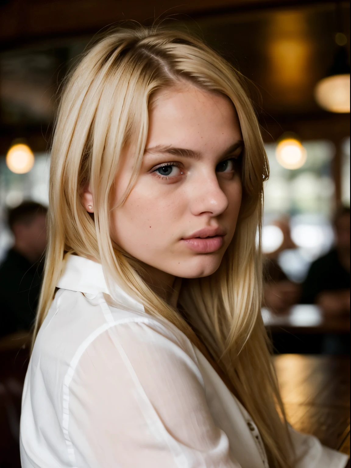 Pretty sexy cute curvy 18 year old blond female sitting in a busy pub with a male groping, pointed upturned nose, wearing white open white shirt , exposing sholder, seductive expression , (pouting lips:1) (8k, RAW photo, highest quality), (detailed eyes:0.8), defiance512, (looking at the camera:1.4), (highest quality), (best shadow), intricate details, interior, blond hair:1.3, dark studio, muted colors, hands touching hair , (( many people in the background ))