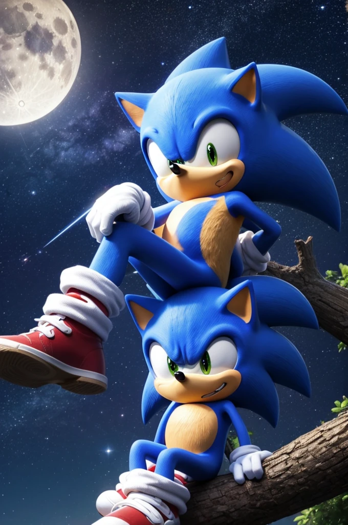A Sonic sitting on a tree branch looking at the stars with a shooting star passing by, With the full moon