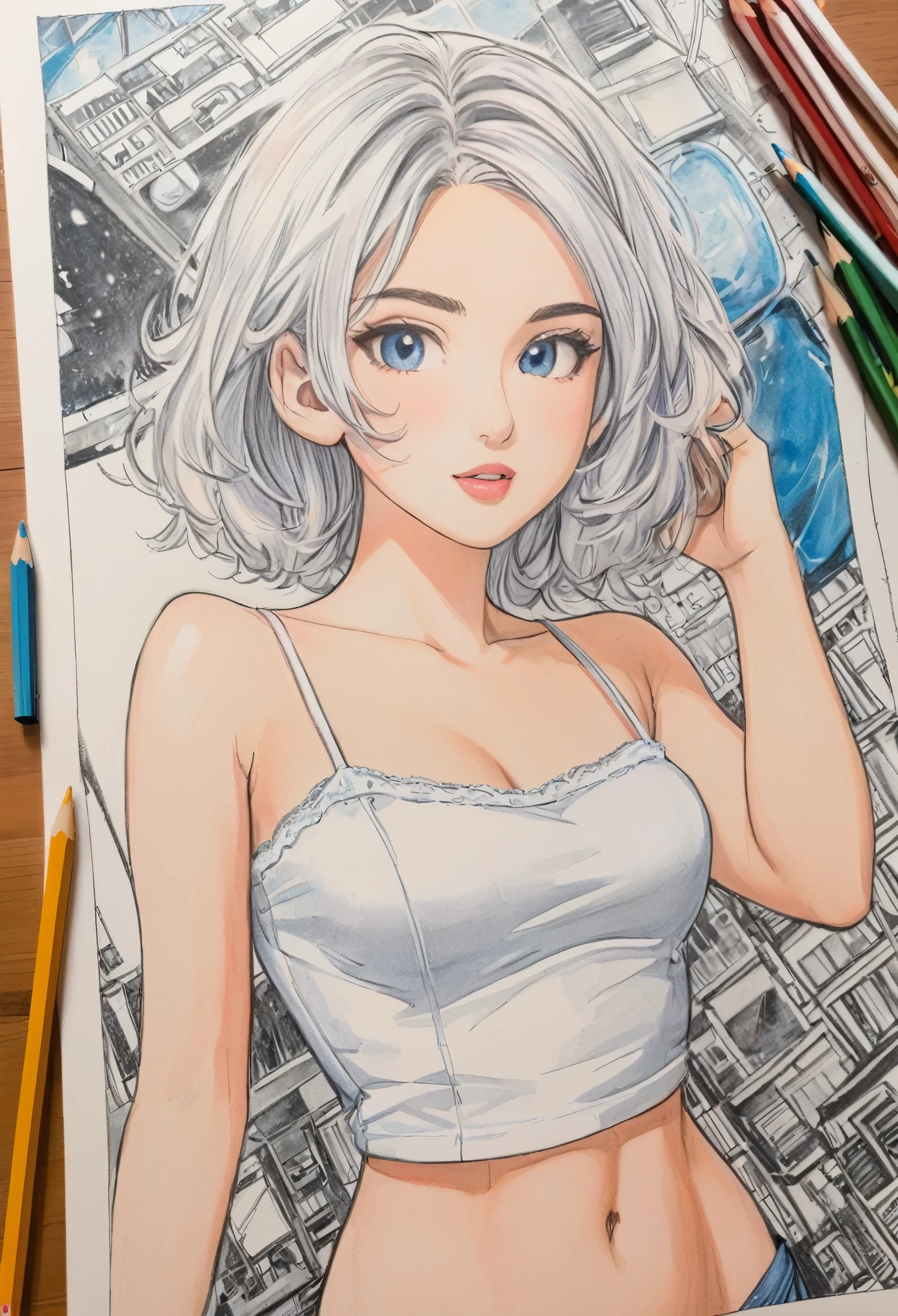 female,short camisole,white,Art,ad,colour pencil drawing,draft drawing ,comic collage,illustration