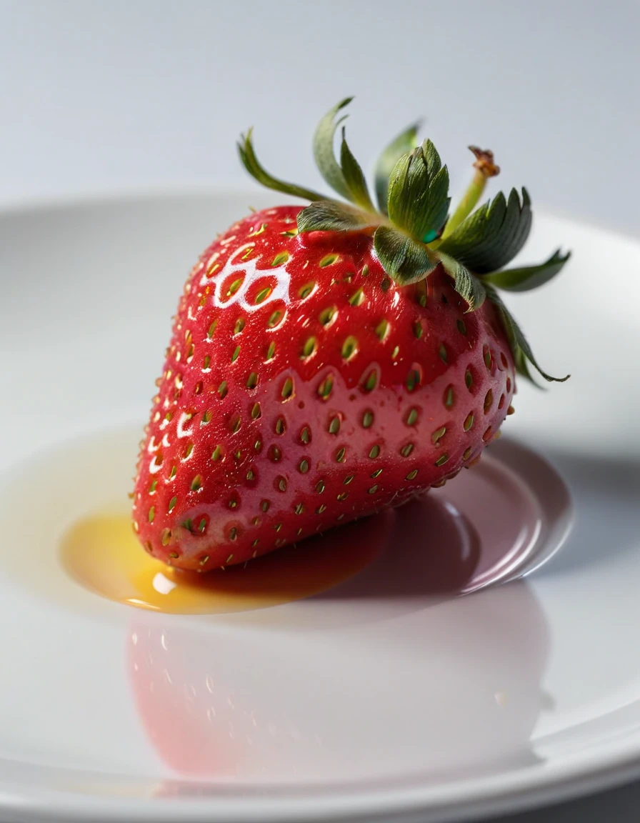 (strawberry berry on a white plate), closeup, macroscopic photo, hyperdetalization, hyperrealism, beautiful foreshortening, cinematic, glow, reflexes, illuminated ((dominant three colors))