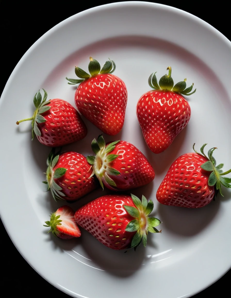 (strawberry berry on a white plate), closeup, macroscopic photo, hyperdetalization, hyperrealism, beautiful foreshortening, cinematic, glow, reflexes, illuminated ((dominant three colors))