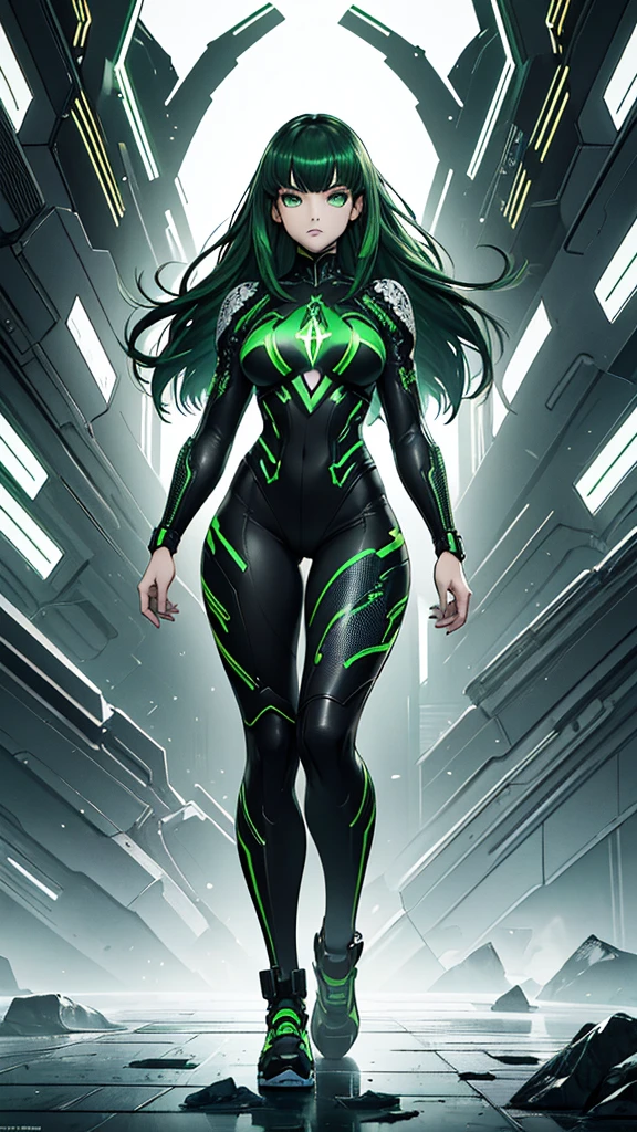 masterpiece, highest quality, (solo focus), (perfect face:1.1), (full body), (high detail:1.1), (hyper detailed eyes), dramatic, a woman with paleskin and long dark green hair, green eyes, solo, arrogant expression, neon cyberneticoutfit, white background, art by artgerm, cinematic lighting, fashion, BalenciagaStyle