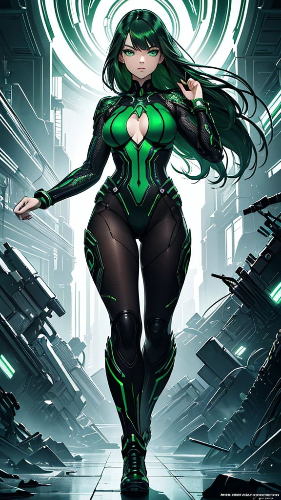 masterpiece, highest quality, (solo focus), (perfect face:1.1), (full body), (high detail:1.1), (hyper detailed eyes), dramatic, a woman with paleskin and long dark green hair, green eyes, solo, arrogant expression, neon cyberneticoutfit, white background, art by artgerm, cinematic lighting, fashion, BalenciagaStyle