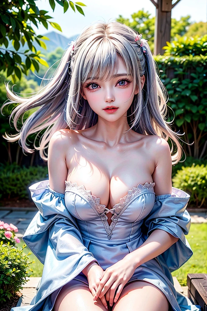(Image above the chest)((masterpiece:1.5,Highest quality,Highly detailed images,Beautiful images、Realistic、Photorealistic、2.5D))(1girl, 独奏,)(Adult women、large breasts, white hair, beautiful eyes、Beautiful cleavage)(Off-the-shoulder dress、black dress:1.5, Deep slit)(smile, wind, floating hair、Sit down and seduce)(bright、Soft lighting、garden、squirt)