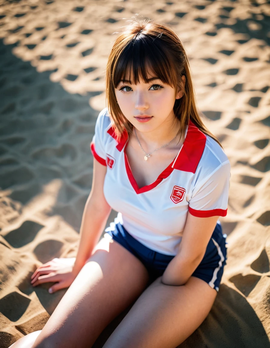 low exposure canon, low iso, high contrast, perfect colors. Bokeh effect. ((NSFW:1.3)), (perfect pussy), (fixed eyes), (professional model poses), (shot from the front).Sitting pose, cute, model, cute girl,View from above,small volleyball player, (14 year old:1.2), with shorts, beautiful, japanese, (pale slim gril:1.2), slim face, sexy uniform, with bangs, short shorts, small blouse, sunny day, dramatic lights, photorealism, beautiful, tender, erect nipples, (pokies:1.3), cameltoe:1.2.