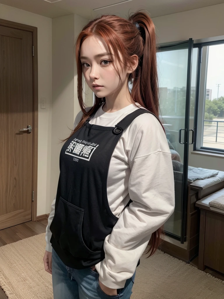 (a tie) ((work of art, best qualityer)) (character design sheet, Same character, 正面, boku, rug, with words written around it) A woman with long, red hair and ponytail hairstyle, eyes browns, wearing a bulletproof vest, a long-sleeved t-shirt with a closed zipper, a white shirt and jeans, rugpack, standing relaxing