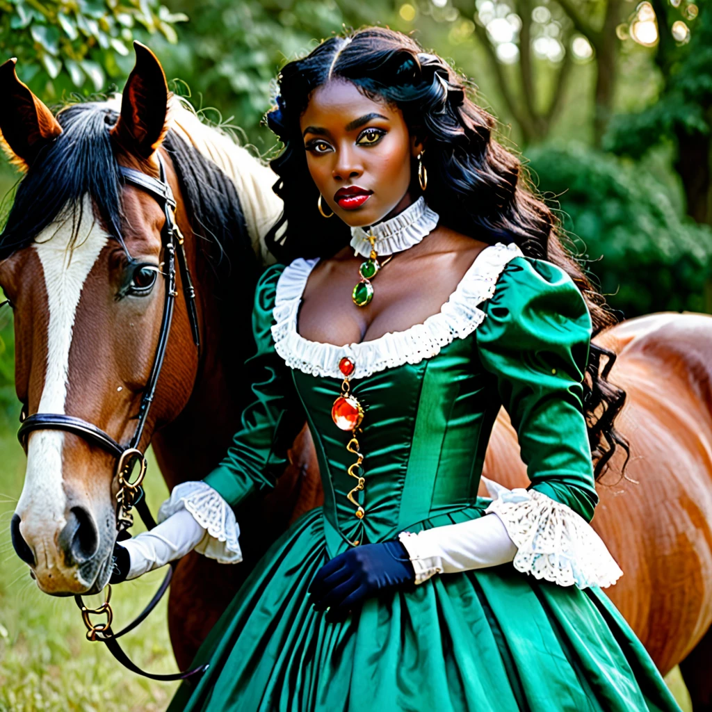 dark skin woman, with orange eyes, green and blue victorian era dress, with long wavy black hair, short black gloves on hands, a red ring on her finger, lips a little wide, golden hoops in her ears, with a completely white horse at his side