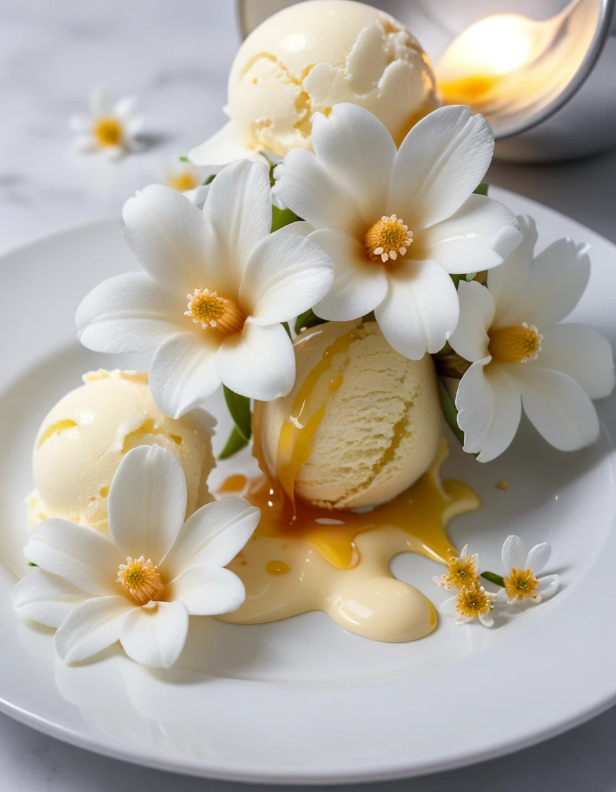 (vanilla flowers and vanilla ice cream on a white plate), closeup, macroscopic photo, hyperdetalization, hyperrealism, beautiful foreshortening, cinematic, glow, reflexes, illuminated ((dominant three colors))