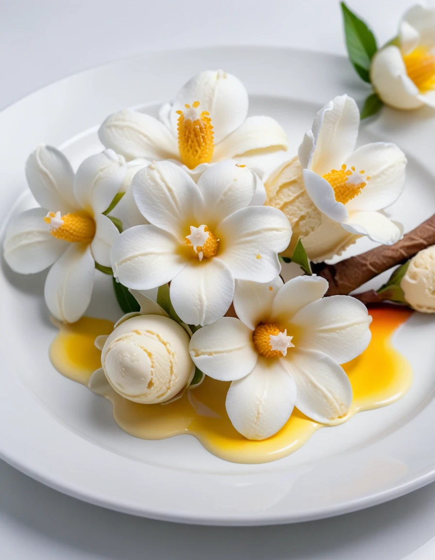 (vanilla flowers and vanilla ice cream on a white plate), closeup, macroscopic photo, hyperdetalization, hyperrealism, beautiful foreshortening, cinematic, glow, reflexes, illuminated ((dominant three colors))