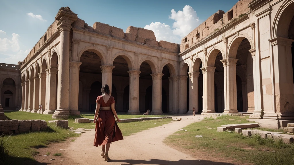 masterpiece,Ancient Roma 41bc, Valeria Mesalina walking by the Roman Palace,4k,uhd,cinematic,photorealism