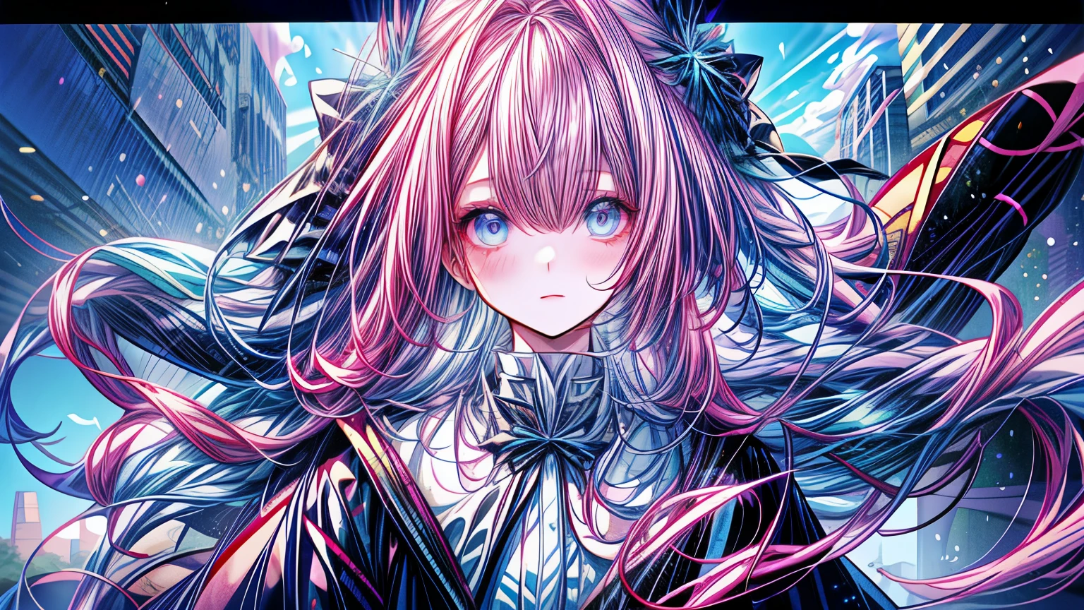 Anime girl with pink hair and blue eyes wearing a blue dress., portrait, Knights of the Zodiac, , detailed digital animated art, 4K anime style, Pink hair and cyan eyes., anime art wallpaper 8K, anime girl with cosmic hair, hermoso portrait animado, Arte Zerochan, anime art wallpaper 4k, anime art wallpaper 4k, digital animated art