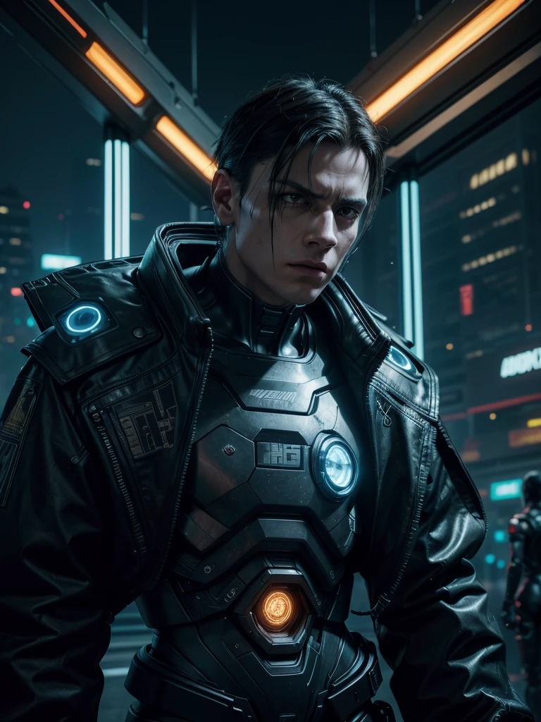 stunning cyberpunk scene, 1 cyborg and 1 human standing face to face, highly detailed, cinematic lighting, dramatic atmosphere, advanced technology, glowing neon lights, intricate machinery, gleaming metal surfaces, intense gaze, contemplative expression, moody colors, dark shadows, photorealistic, 8k, masterpiece