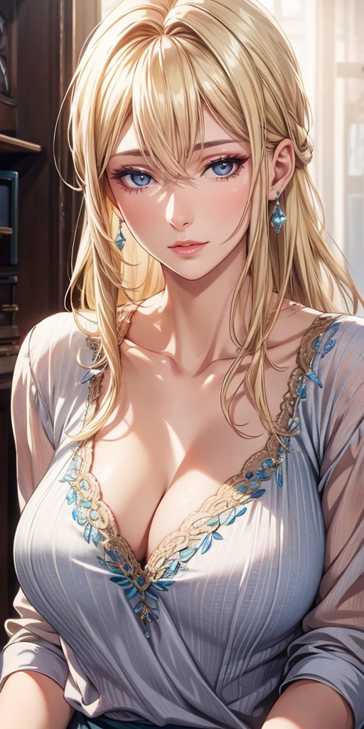 Realistic, Elegant mature woman, blue eyes, blonde hair, casual clothes, soft light, high detailed, 4k resolution, high quality, beautiful cg