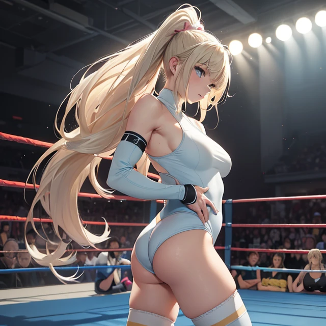 (masterpiece image, very detailed image, best high quality high definition image High very detailed Quality image, Very detailed high quality image), solo character, female wrestling, back view
1swedishgirl, absolute beauty, 28 years old, fair pale skin, light blue eyes, sexy beauty features, long blonde golden hair tied in two high pigtails with pink ribbons and blonde golden hair curly fringe near the nose, voluptuous, big breasts, round butt, beautiful legs, (light pale blue one piece leotard with a white stripe line in the belly and a grey spandex shorts under the leotard, grey knee pads, light pale blue wrestling boots, light pale blue arms sleeves, grey elbow pads), serious cocky attitude, adjusting her outfit
Dirty gym and wrestling ring