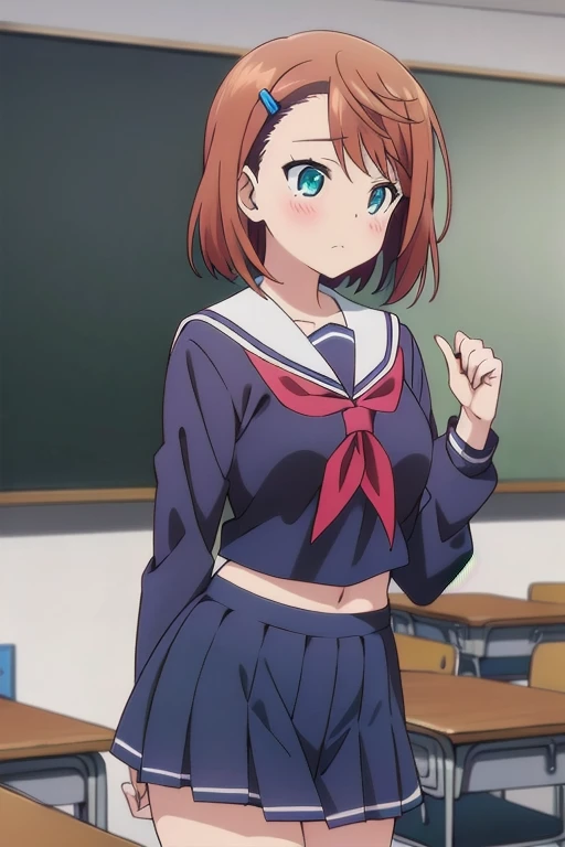 masterpiece, super details, best quality, chisaki miyazaki, school sailor uniform, blue serafuku, hair ornament, classroom, cowboy shot