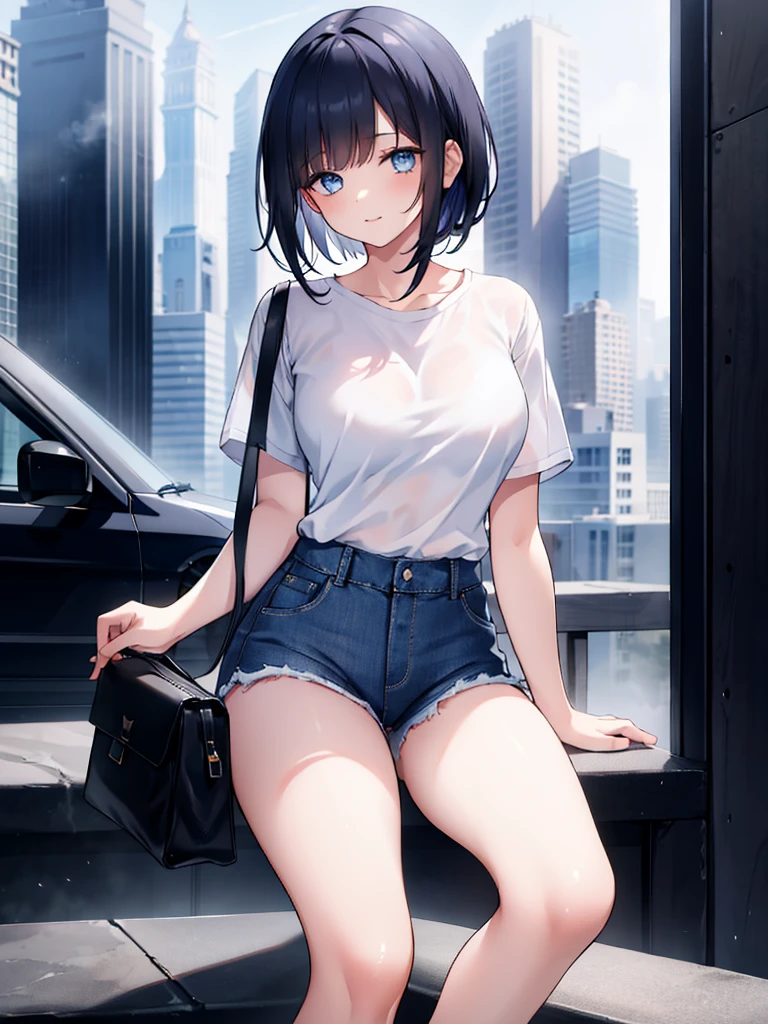 1girl, short black hair, blue eyes, wearing plain white shirt, denim shorts, city, absurdres, high res, ultrasharp, 8K, masterpiece, looking at viewer