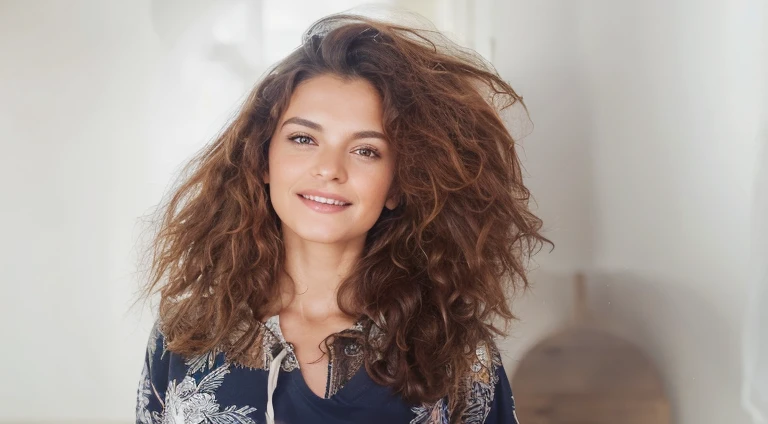 A portrait of a strikingly beautiful Spanish woman, radiating health and fitness, in her late 30s. She has long, wavy chestnut brown hair, and deep, expressive hazel eyes that reflect a sense of warmth and kindness. Her skin  olive-toned, and she's wearing a  yet elegant white t-shirt that accentuates her fit physique. She's standing in a sunlit, rustic kitchen, with a gentle smile on her face as she skillfully slices ripe, red tomatoes on a wooden cutting board. The table around her  an abundance of vibrant, fresh vegetableell peppers, cucumbers, leafy greens, and carrots, creating a colorful and inviting scene. The background hints at a cozy, welcoming home, with hanging herbs and kitchen utensils, and a window that offers a glimpse of a sunny, serene garden outside. clear facial features, Cinematic, 35mm lens, f/1.8, accent lighting, global illumination --uplight --v 4