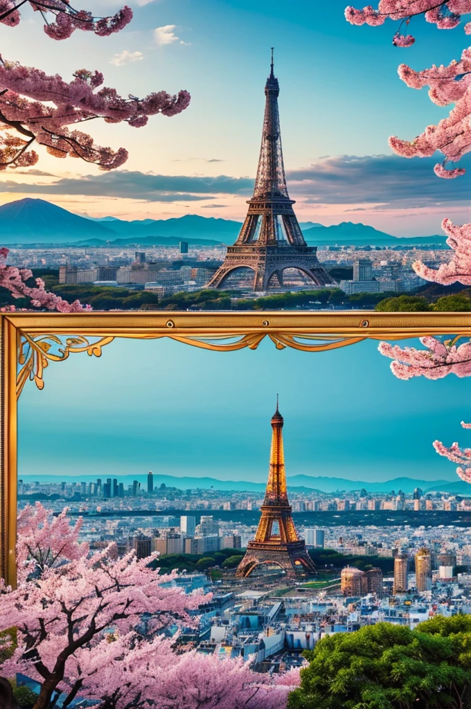 a banner featuring breathtaking landscapes of different parts of the world. In the centre are majestic mountains with snow-capped peaks framed by green forests. On the right - turquoise waters of a tropical beach with snow-white sand and palm trees swaying in the wind. On the left - boundless golden deserts with majestic dunes rising to the bright blue sky. In the upper part of the banner there are colourful images of famous cities: New York at night with skyscraper lights, Paris with the Eiffel Tower against the background of sunset and ancient temples of Kyoto among cherry blossoms. All these landscapes are connected by smooth transitions, creating the feeling of travelling around the world