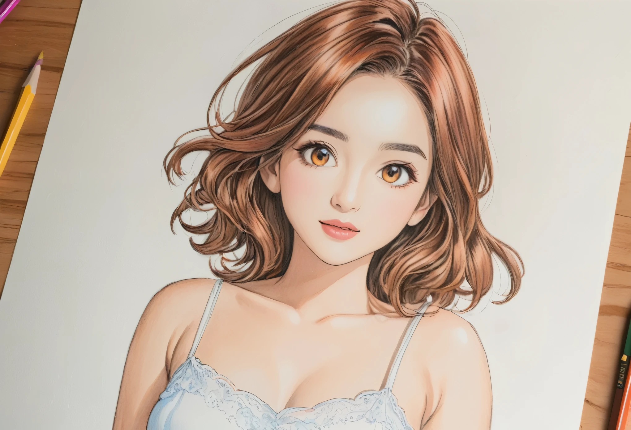 female,short camisole,white,Art,ad,colour pencil drawing,draft drawing ,comic collage,illustration