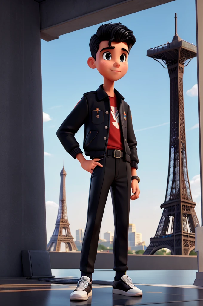 Make an image with a retrofuturistic style of a boy named Luiz Grandeo, make him black and taller than the Eiffel Tower