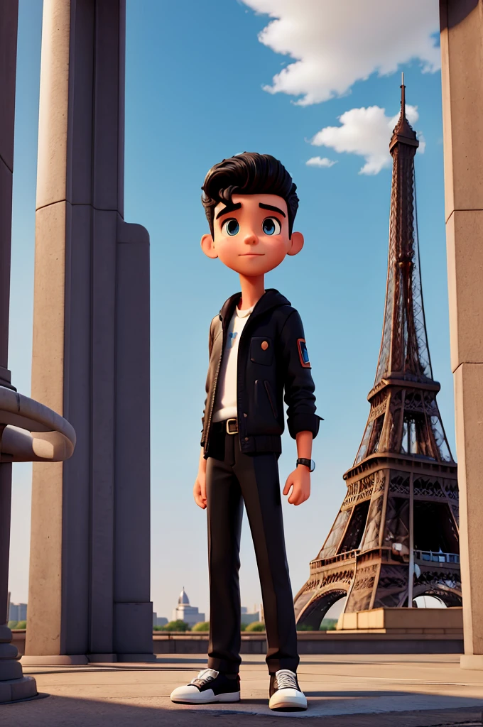 Make an image with a retrofuturistic style of a boy named Luiz Grandeo, make him black and taller than the Eiffel Tower
