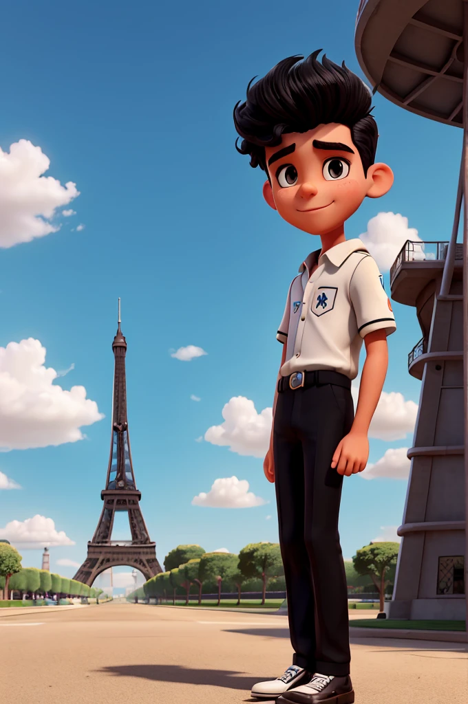 Make an image with a retrofuturistic style of a boy named Luiz Grandeo, make him black and taller than the Eiffel Tower