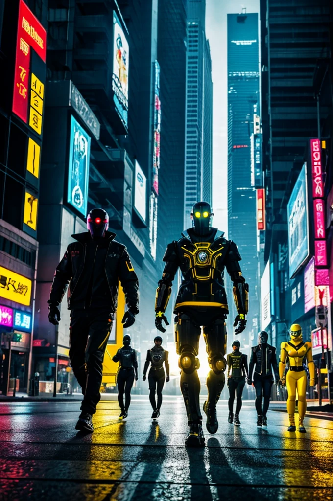 a group of cyberpunk robots walking down the street, yellow colors.