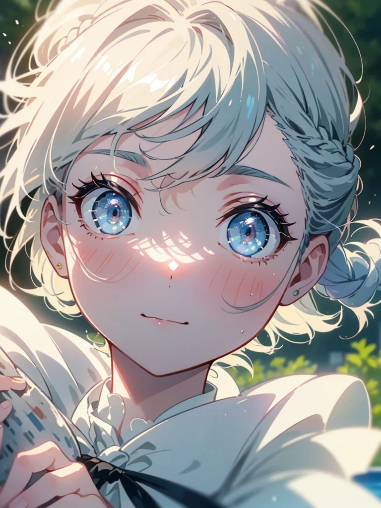 Highest quality、High resolution、Detailed Background、(Beautiful face in every detail:1.4)、Anatomically correct、(Detailed facial expressions)、(fine grain:1.2)、Teenage Beauty、One Girl、Cute hair colors、Beautiful clear blue eyes、Braided Ponytail、Braided bob cut、Elementary school, Cute sleeveless white shirt、Outdoor swimming pool、My hair flutters in the strong wind、Skirt flutters、Watching the audience、Hands hold nothing、A quiet smile with closed mouth、((Close-up of the mouth))