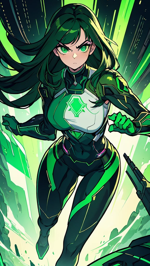 masterpiece, highest quality, (solo focus), (perfect face:1.1), (full body), (high detail:1.1), (hyper detailed eyes), dramatic, a woman with paleskin and long dark green hair, green eyes, solo, arrogant expression, neon cyberneticoutfit, white background, art by artgerm, cinematic lighting, fashion, BalenciagaStyle