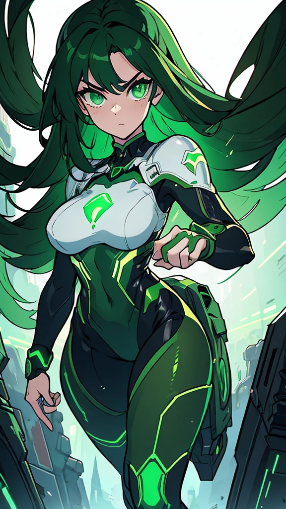 masterpiece, highest quality, (solo focus), (perfect face:1.1), (full body), (high detail:1.1), (hyper detailed eyes), dramatic, a woman with paleskin and long dark green hair, green eyes, solo, arrogant expression, neon cyberneticoutfit, white background, art by artgerm, cinematic lighting, fashion, BalenciagaStyle