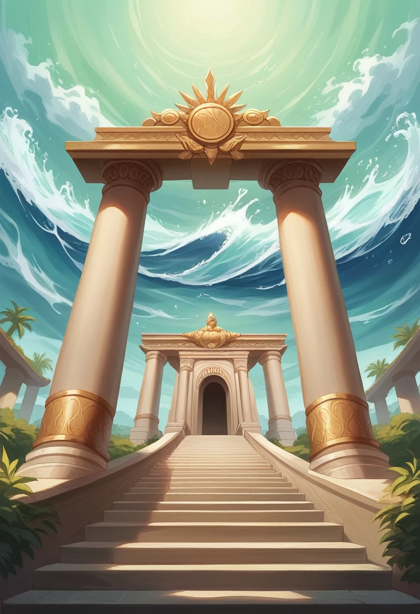 realisitic, A beachfront temple to the Sea Goddess, Greek columns and stairs, sea waves around the altar, chandeliers made from transparent jars, divine image in a realistic dream, purity, tranquillity, clear waters, crashing waves, path between the waters