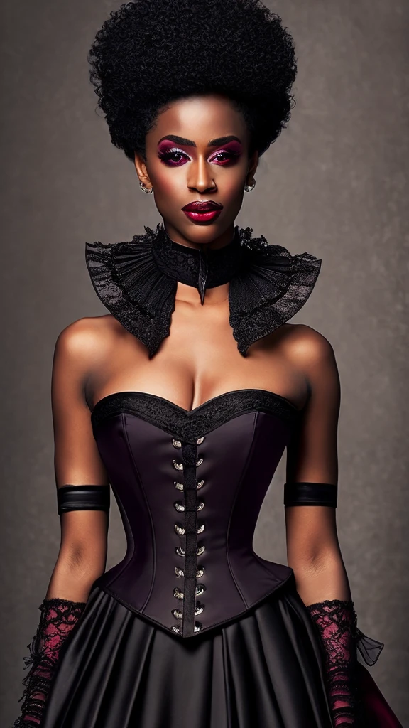 1 elegant black woman, (((Dark black skin 1.2))), Mature middle-aged woman， goth woman, vampire, goth makeup, victorian era dress, corset, corset dress, choker necklace, Dark eyeshadow，Full-body art, black skin, a dark tanned skin，Melanin pigmentation of the skin，very dark skin, violet eyes, lesvian, afro hair, short hair, renascence portrait, realist, elegant pose, dark color scheme, candlelit ilumination, vintage fashion, victorian era fashion, Victorian dress, corset, vampire fangs, fangs showing, blood, ethereal beauty, purple eyes, curly hair, afro hair, short afro hair, red and black color scheme, red lips, red and black dress, blood on the lips, vampire, lesbian vampire,